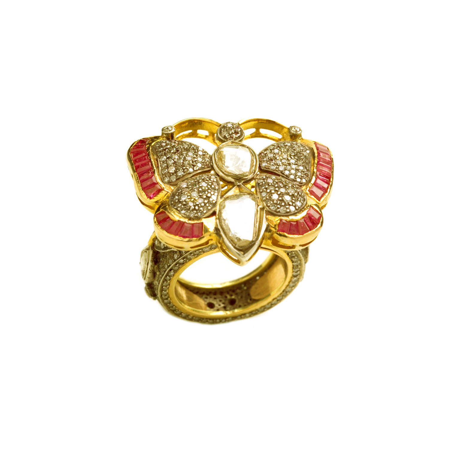Gold Ring Set with Uncut Diamond and Gemstones