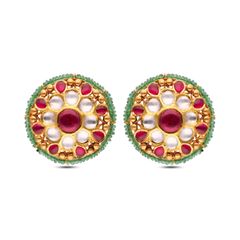 Regal Radiance: Gold Earstud Adorned with Rubies, Emeralds, and Uncut Diamonds