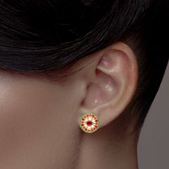 Regal Radiance: Gold Earstud Adorned with Rubies, Emeralds, and Uncut Diamonds