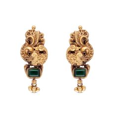 Timeless Radiance Traditional Gold Drops with Repoussé Work and Green Stone Embellishment