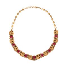 Timeless Tradition Gold Repoussé Work Necklace with Red Stone Accents