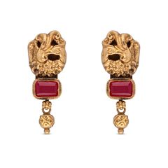 Heritage Radiance Traditional Gold Repoussé Work Ear Drops with Red Stone Accents
