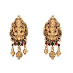 Sacred Harmony Religious Gold Goddess Lakshmi Ear Drops with Repoussé Work