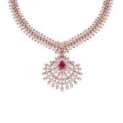Regal Charm Traditional Diamond Necklace with Pear-Shaped Ruby Center and Intricate Close-Setting