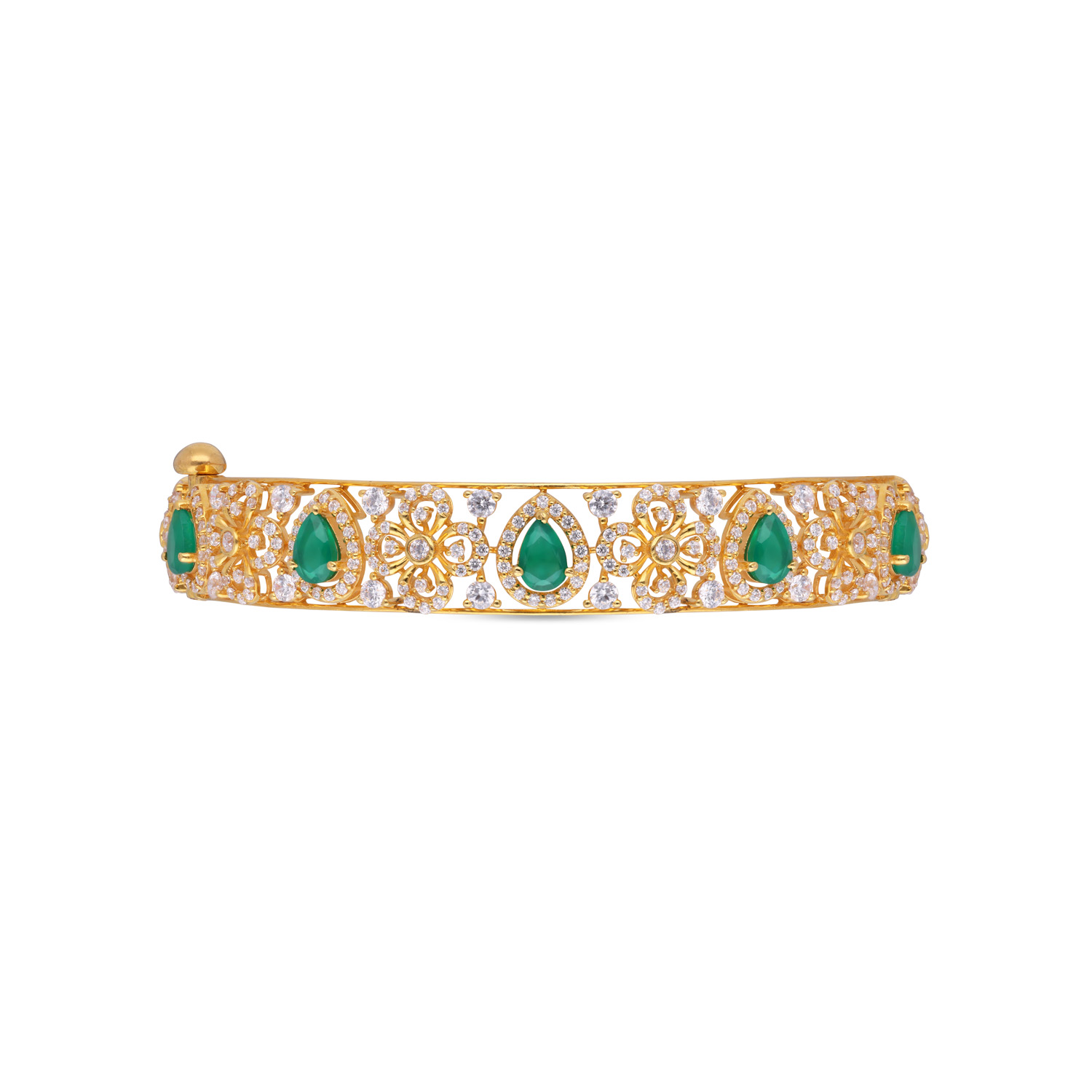 Emerald Elegance: Cubic Zircon Studded Bangle Pair with Pear-Shaped Emeralds