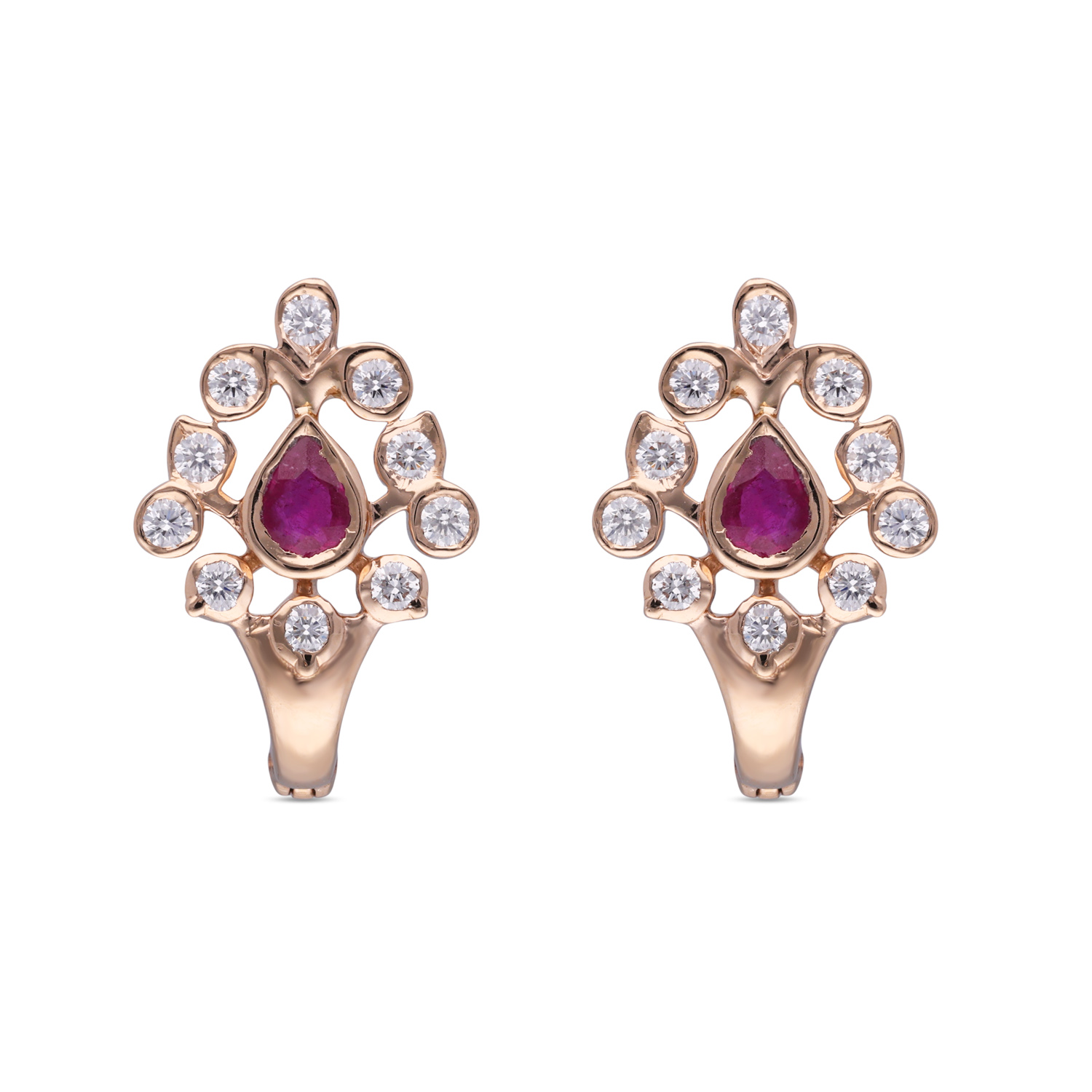 Radiant Bloom: Close-Setting Pear Shaped Diamond Earhoops with Central Ruby