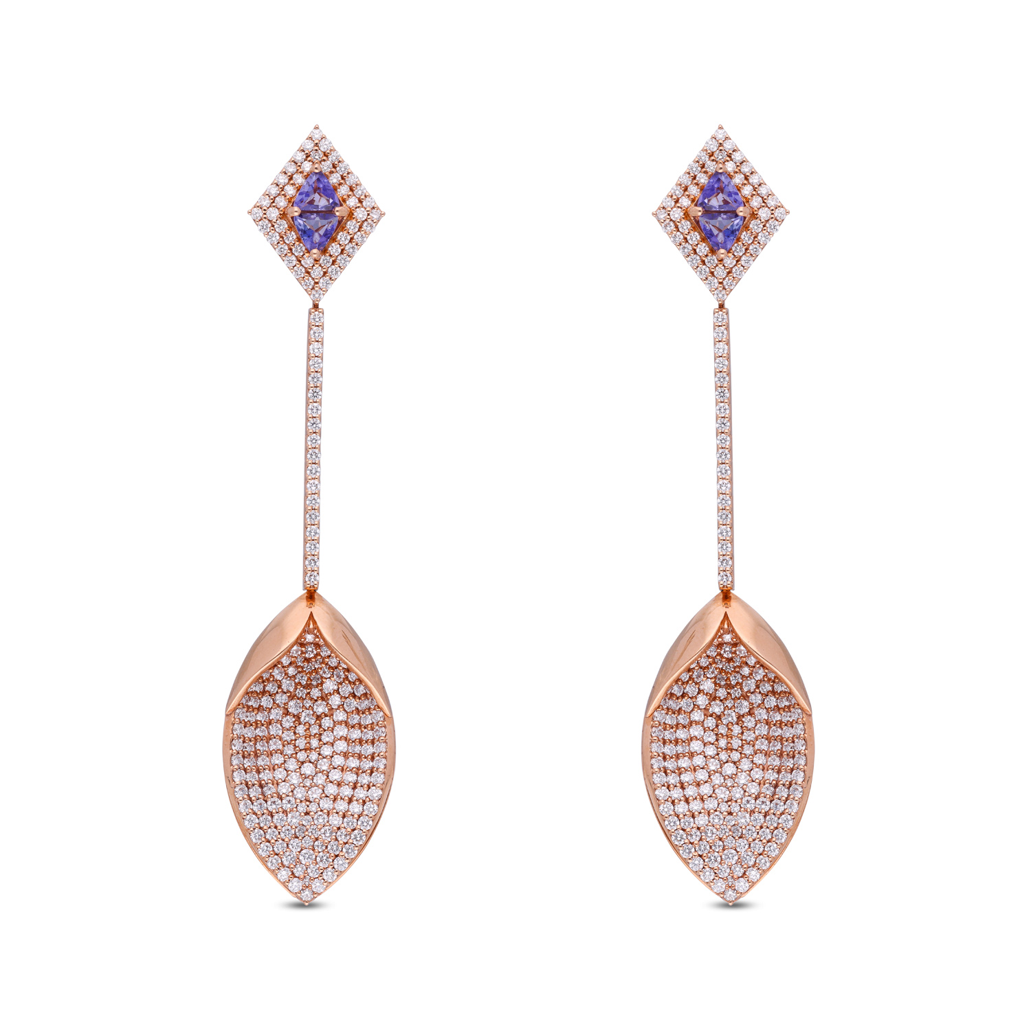 Eternal Hearts: Long Diamond Eardrops with Central Heart-Shaped Tanzanite