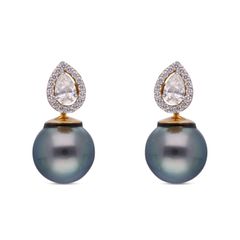 Elegant Fusion: Pear-Shaped Diamond Studs with Tahitian Pearl Drop Earrings