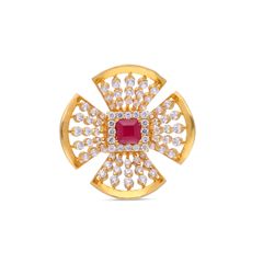 Opulent Radiance: Grand Gold Ring with Cubic Zircon and Red Stone