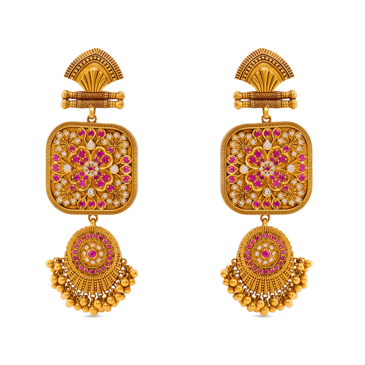 Vintage Chic: Oxidized Gold Long Eardrops with White and Pink Gems