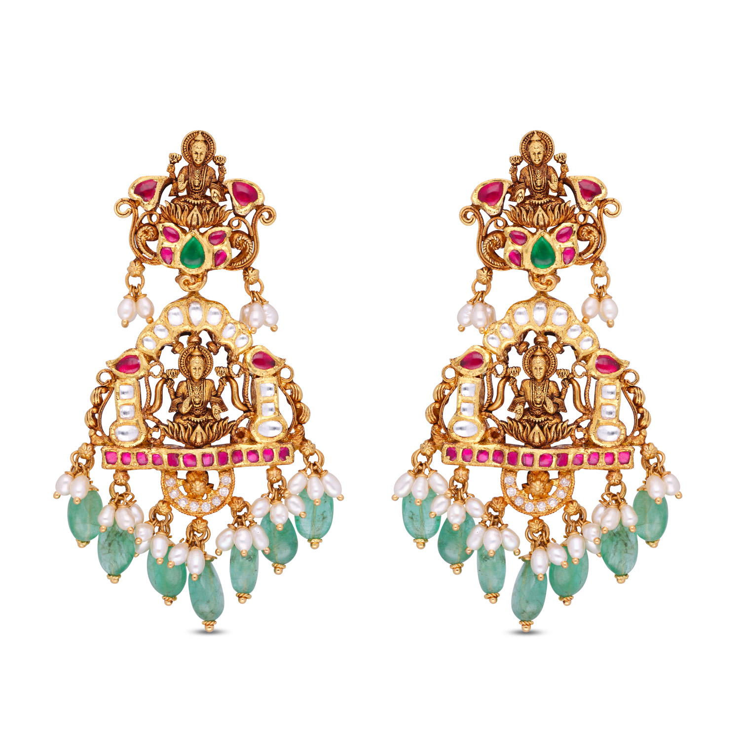 Sacred Radiance: Lakshmi Pattern Eardrops with Rubies, Emeralds, and Pearl Drops