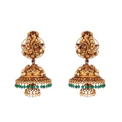 Ethereal Harmony: Oxidized Peacock and Lakshmi Design Jhumkas with Rubies, Emeralds, and Pearl Drops