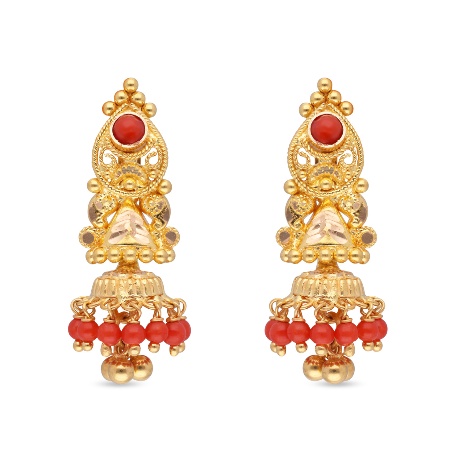 Coral Cascade: Gold Jumka with Coral Accents