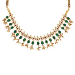 Royal Splendor: Traditional Gold Necklace with Oval-shaped Emeralds, Rubies, and Uncut Diamonds