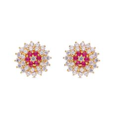 Blooming Elegance: Floral Pattern Earstud with Cubic Zircon and Red Gems