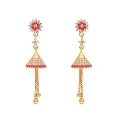 Crimson Cascade: Eardrops Studded with Cubic Zircons and Red Gems