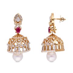 Regal Heritage: Traditional Diamond Jumka with Oval Ruby and Pearl Drop