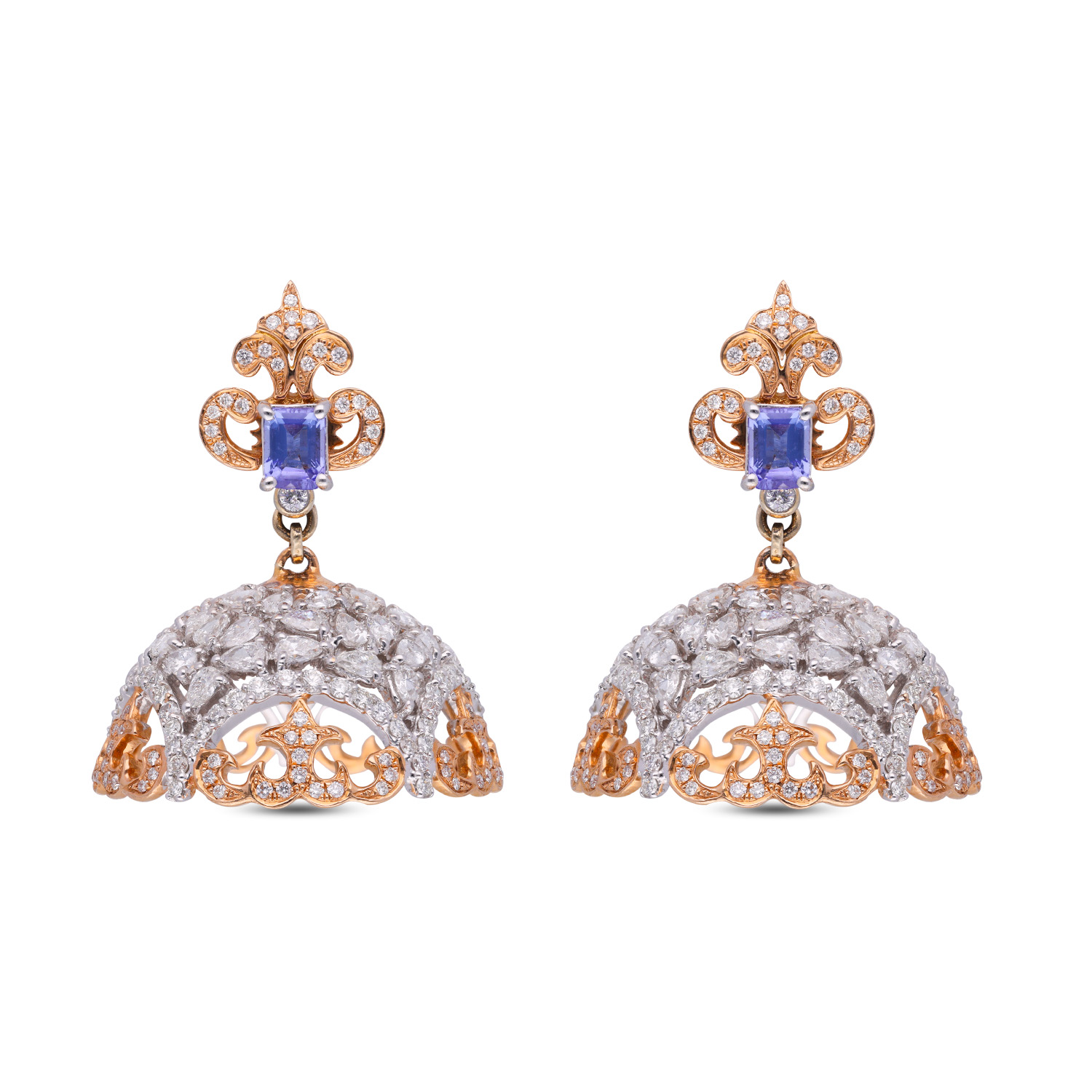 Regal Radiance: Fancy Jumka with Fancy Shaped Diamonds and Center Tanzanite