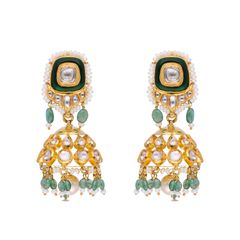Ethereal Radiance: Uncut Diamonds Jumka with Emeralds and Pearls
