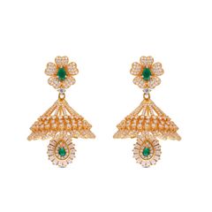Blooming Radiance: Floral Pattern Jumka Drops with Cubic Zircons and Emeralds