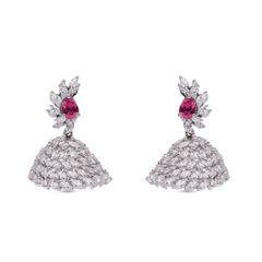 Radiant Fusion: Fancy Shaped Diamonds Jumka with White Gold Finish and Pear-Shaped Ruby