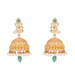 Peacock Opulence: Traditional Gold Jumka with Cubic Zircons, Emeralds, and Pearl Drops