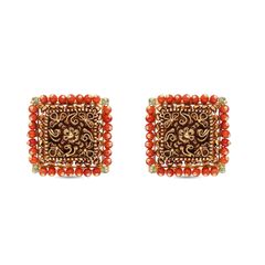 Exquisite Filigree Gold Earstud with Coral and Emerald Accents
