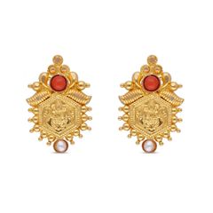 Sacred Radiance: Traditional Gold Lakshmi Pattern Earstud with Pearls and Coral