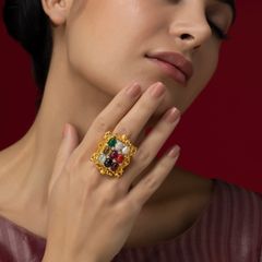 Golden Filigree Splendor: Navaratna Stones and Diamond Ring