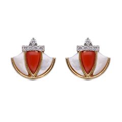 Elegant Harmony: Diamond Earstud Set with Mother of Pearl and Coral Accents