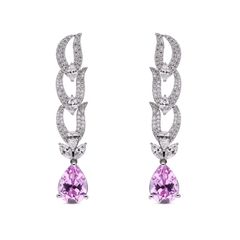 Radiant Glamour: Fancy Diamond Long Eardrops in White Gold with Single Pear-Shaped Pink Sapphire