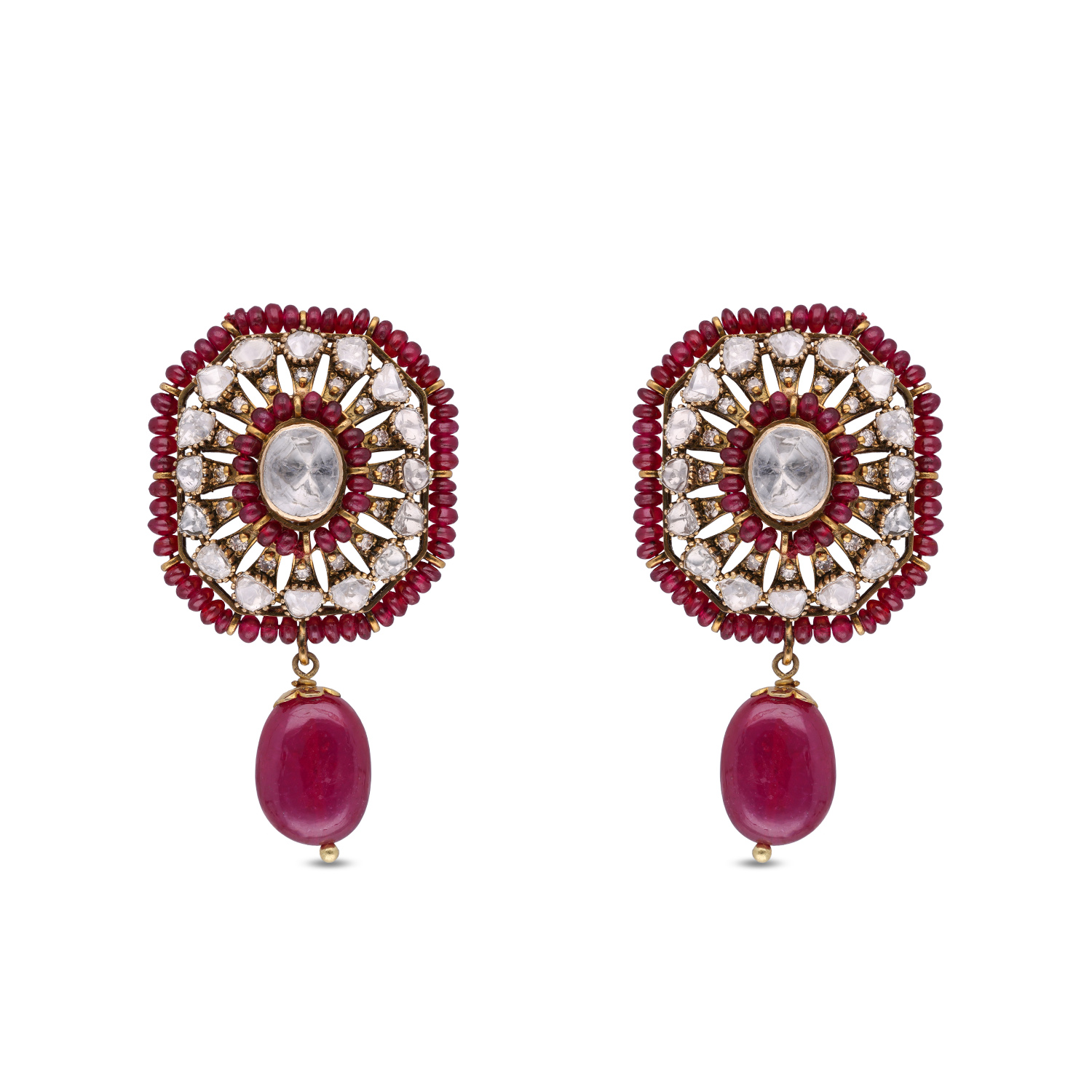 Vintage Opulence: Oxidized Rose Cut Diamond Eardrops with Ruby Accents