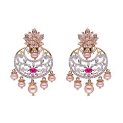 Glamorous Ruby Centered Pearl Chandelier Earrings