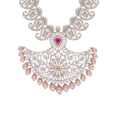 Majestic Ruby and Pearl Crescent Diamond Necklace