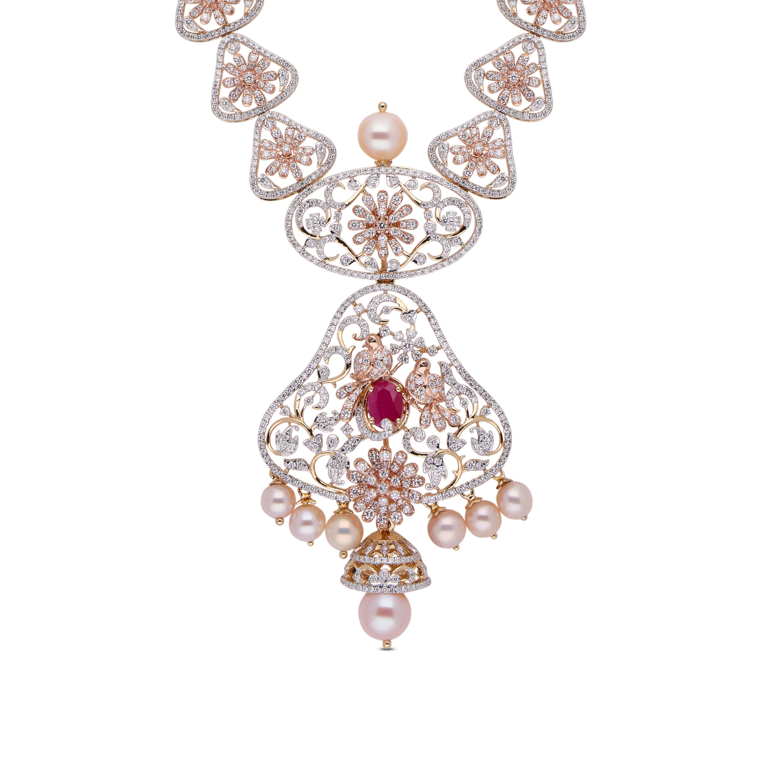 Decadent Ruby and Pearl Diamond Cascade Necklace