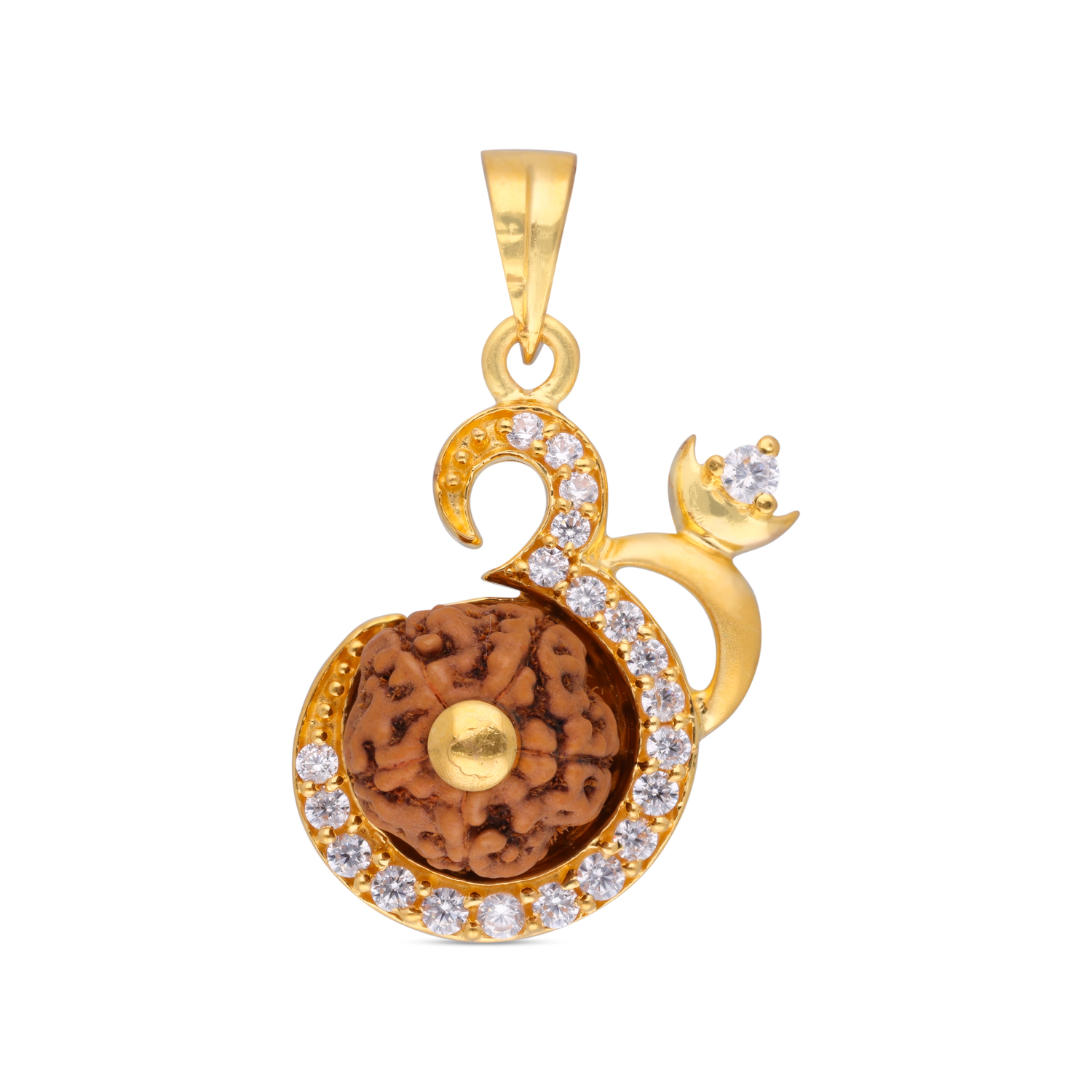 Sacred Om: Rudraksha and Cubic Zirconia Gold Pendant