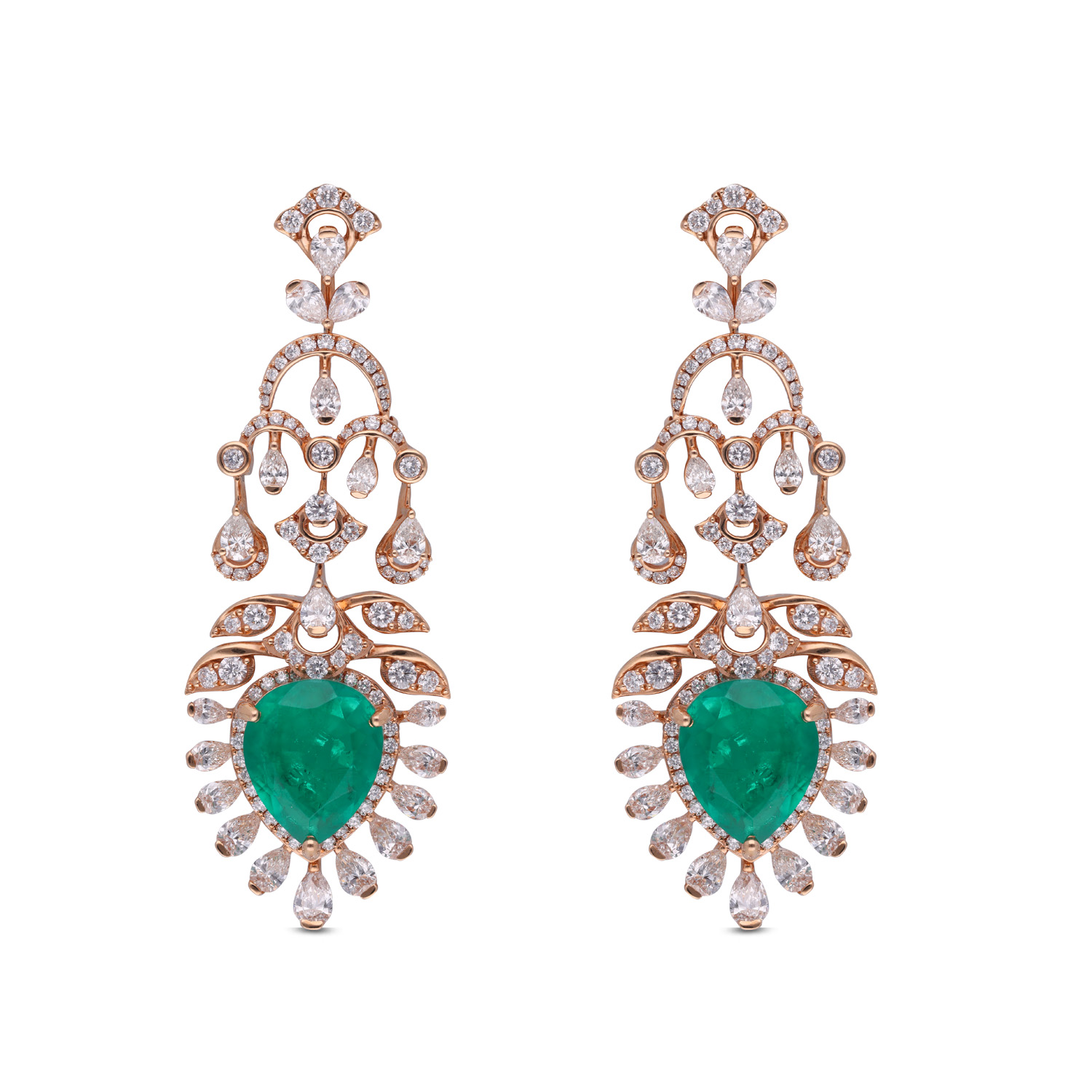 Enchanting Radiance: Fancy Long Diamond Eardrops with Pear-Shaped Emerald Center