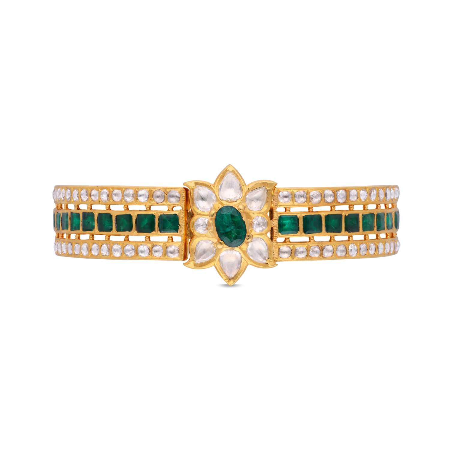 Regal Splendor: Kundan Design Openable Broad Bangle with Uncut Diamonds and Emeralds