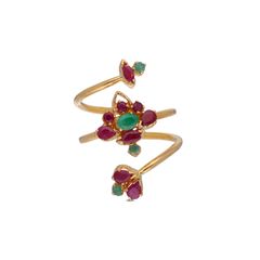 Serpentine Treasures: Ruby and Emerald Spiral Gold Ring