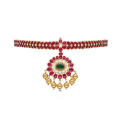 Exquisite Heritage Ruby, Emerald, and Rose-Cut Diamond Paddakkam Necklace