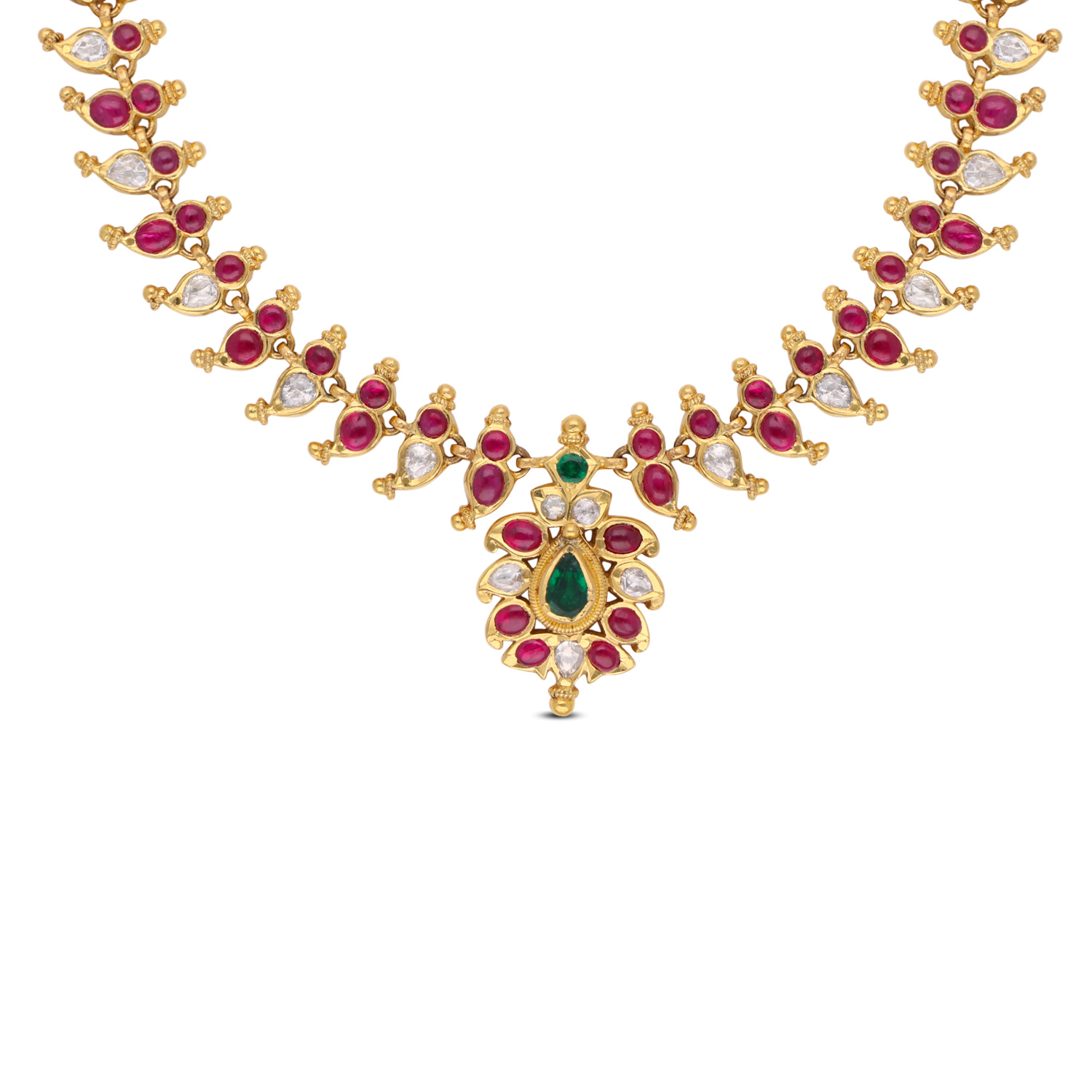 Regal Splendor: Kundalavelai Design Gold Necklace with Uncut Diamonds, Emeralds, and Rubies