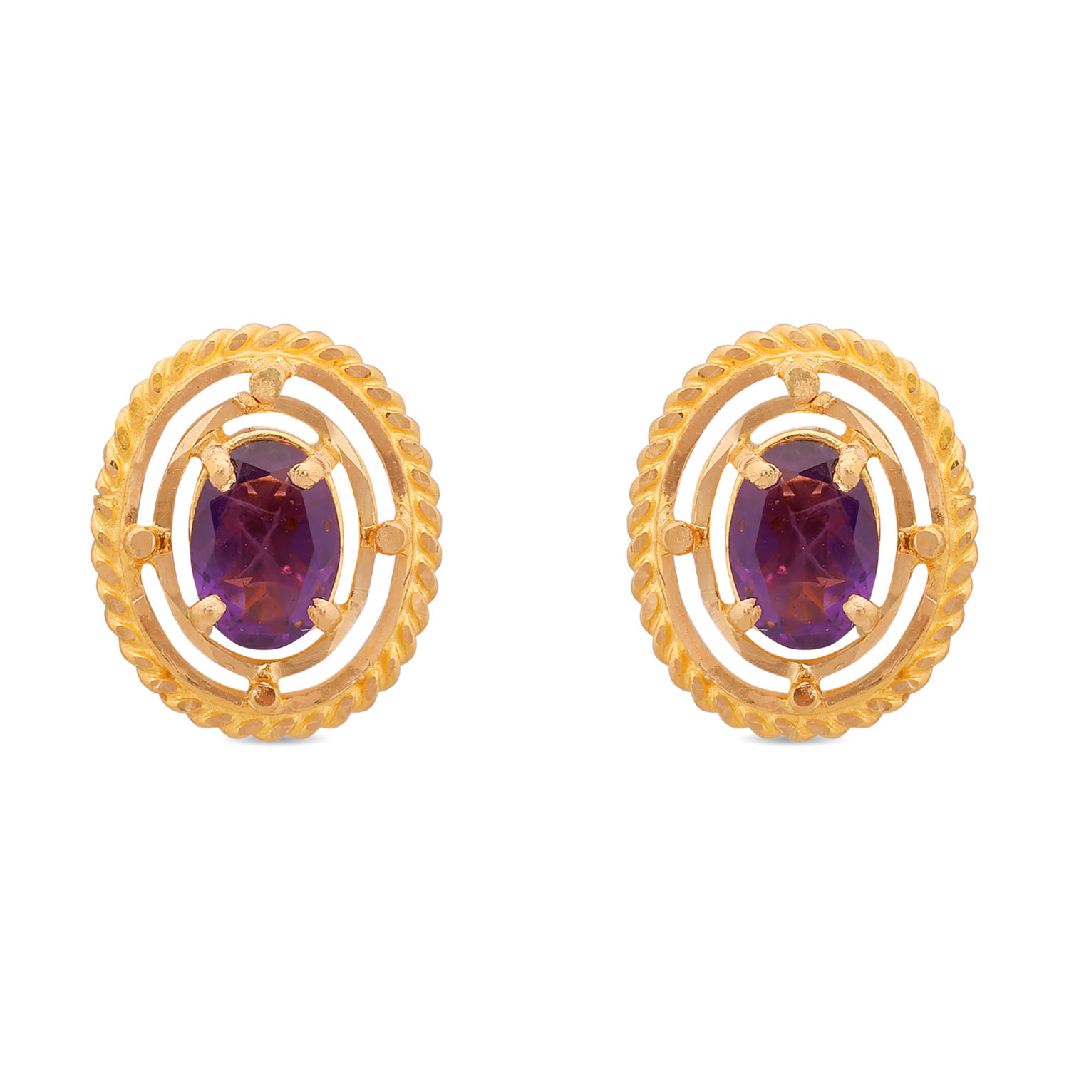 Gold Stud Earrings with Oval Cut Amethyst