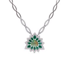 Opulent White Gold Diamond Necklace Set with Opal & Emerald