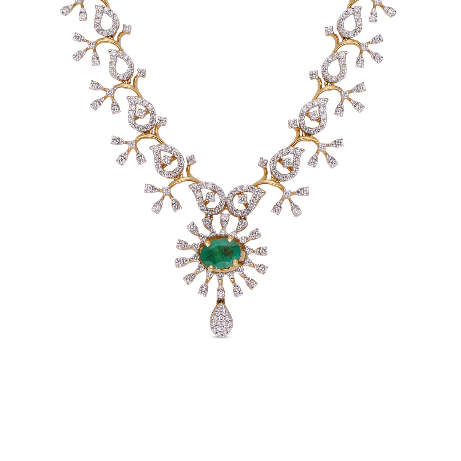 Regal Elegance: Fancy Diamond Necklace Set with Emerald