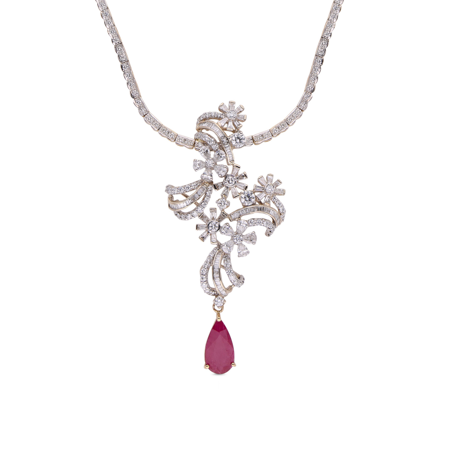 Opulent Charm: Fancy Diamond Necklace Set with Ruby