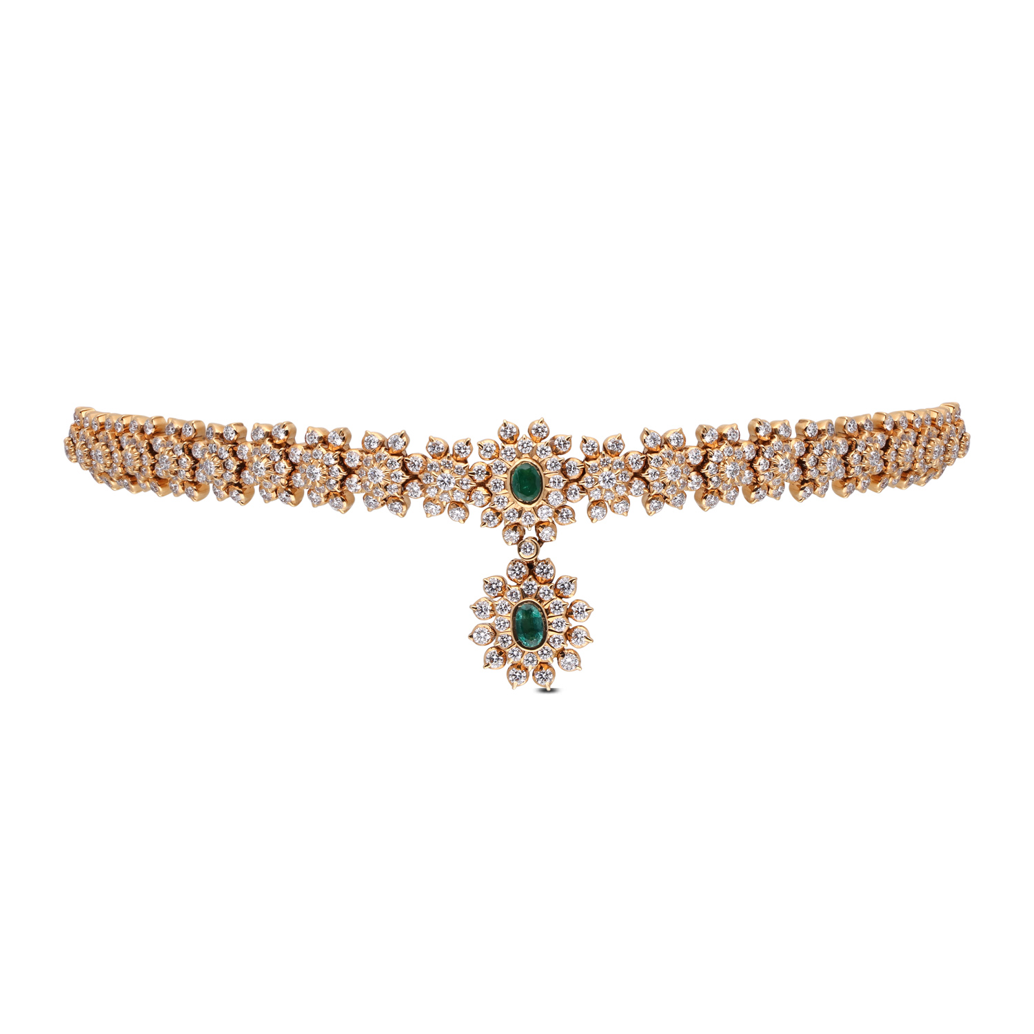 Regal OpulenceTraditional Close Setting Diamond Necklace with Step Pattern Choker and Emerald Accent
