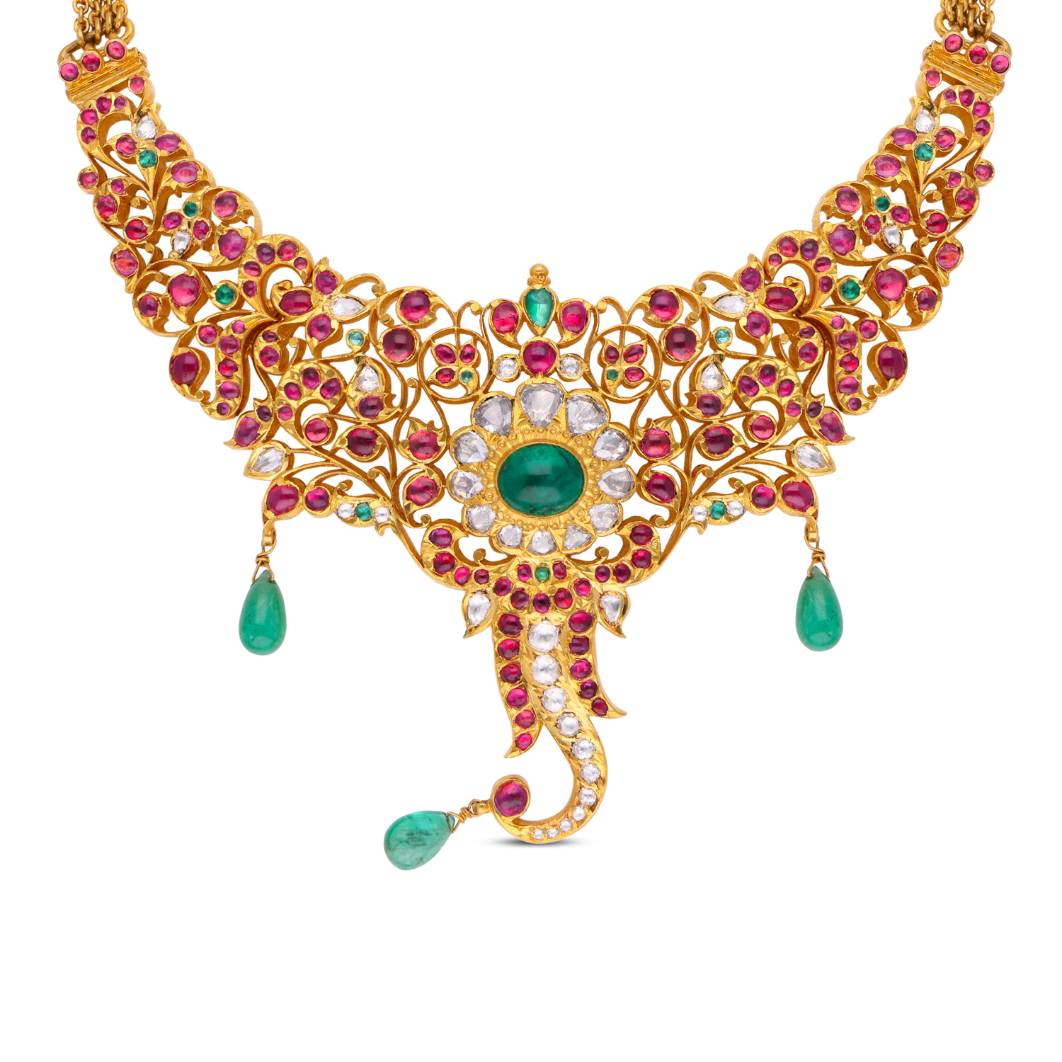 Regal Gold Necklace: Kundalavelai Design with Ruby, Uncut Diamond, and Emerald Beads