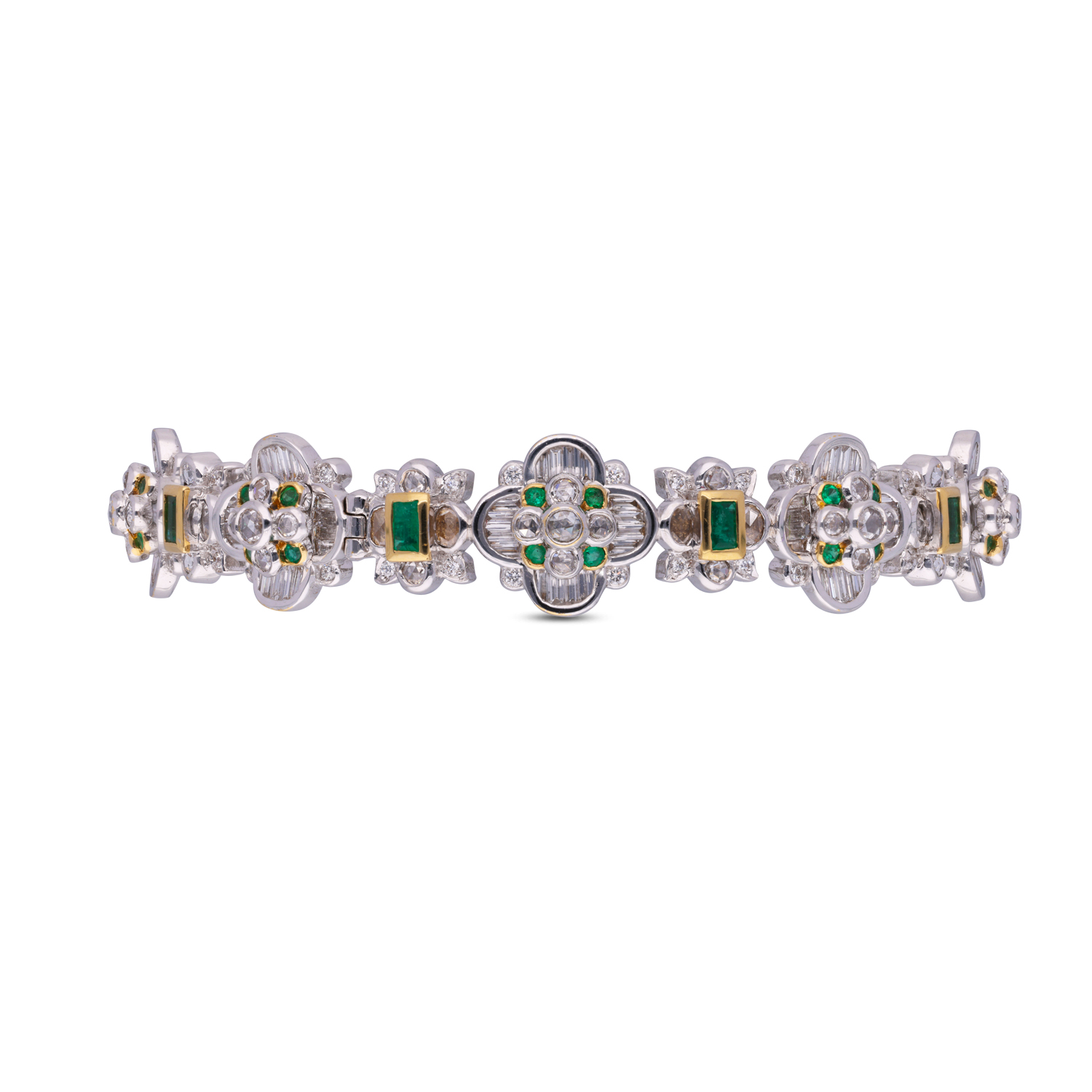 Emerald Elegance: Diamond and Emerald Studded Bracelet with White Gold Fancy Design