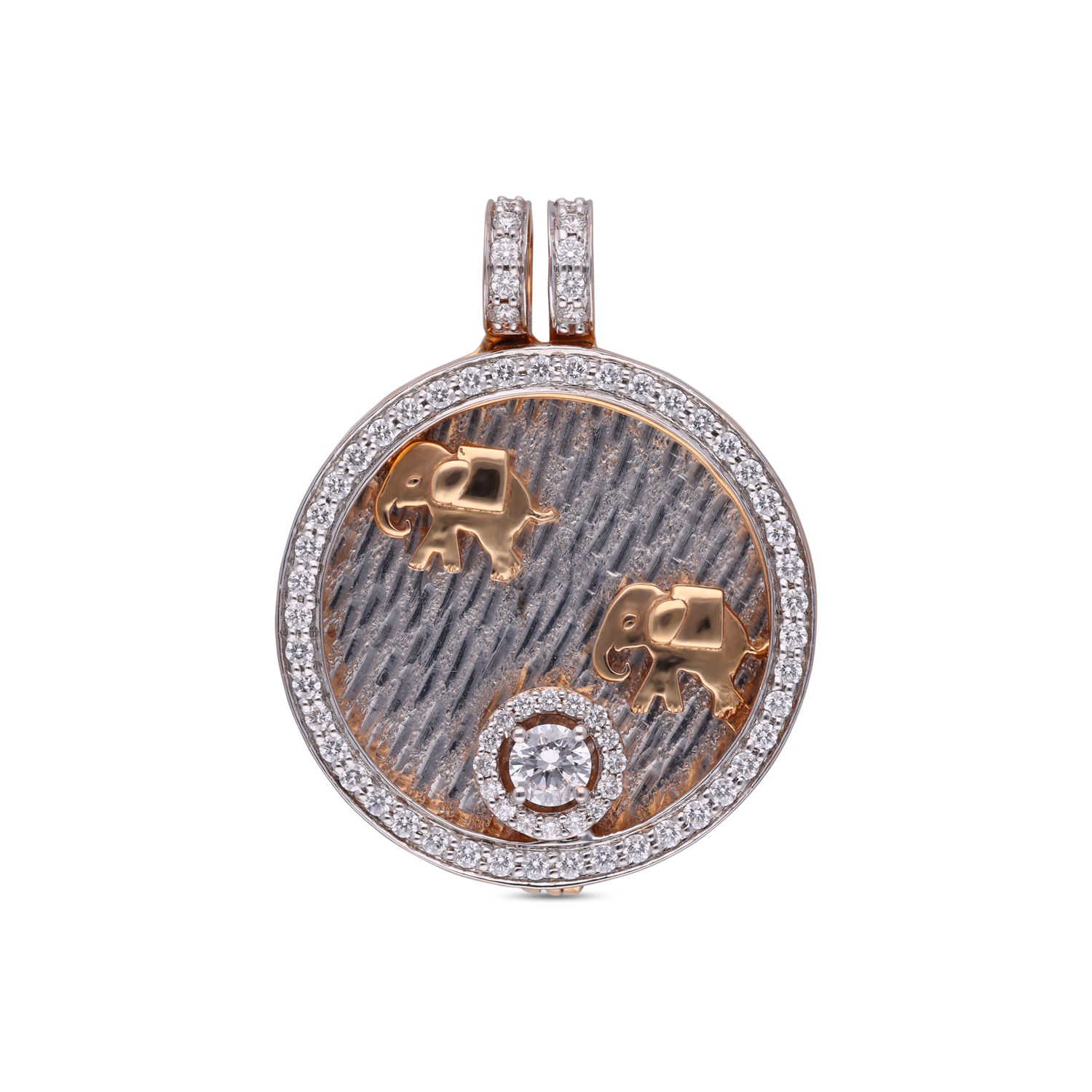 Twin Elephants Textured Charm Pendant with Diamond Halo