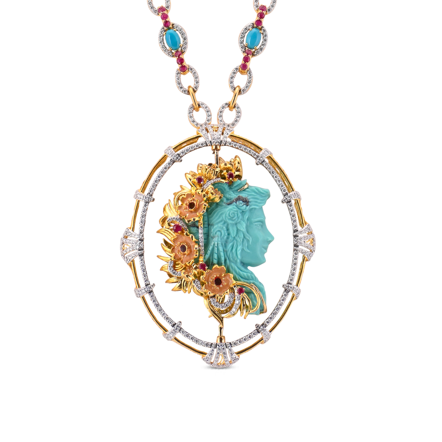 Turquoise Baroque Cameo and Floral Diamond Circle Pendant